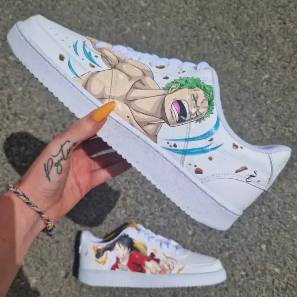 Custom Nike Air Force 1 Luffy et Zoro – peinture personnalisée One Piece avec effets visuels